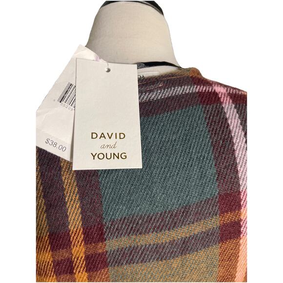 David And Young Plaid Pattern Belted Waist Fringe Open Front Poncho Tie Waist - Picture 5 of 6